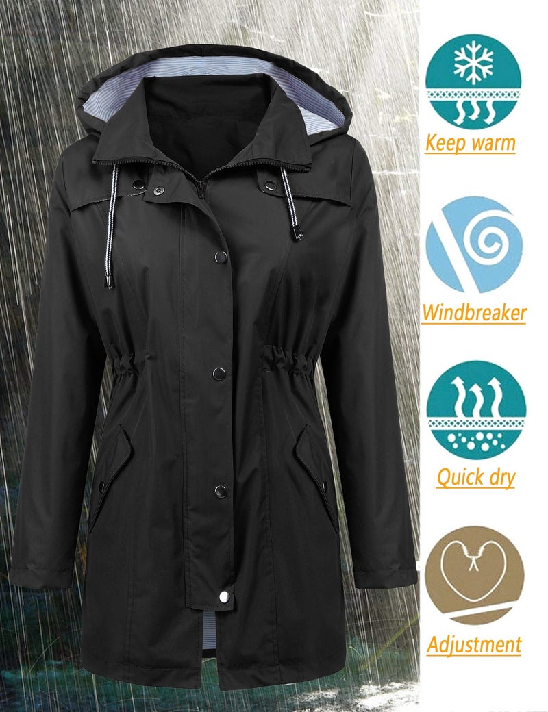 LOMON Women Rain Jacket Belted Adjustment Hooded Long Lightweight Packable Outerwear Waterproof Breathable Cotton Lined Raincoat Black M - Image 2